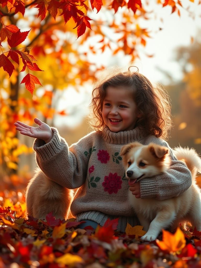 Girl and Dog Play in Autumn Leaves, Fantasy Art