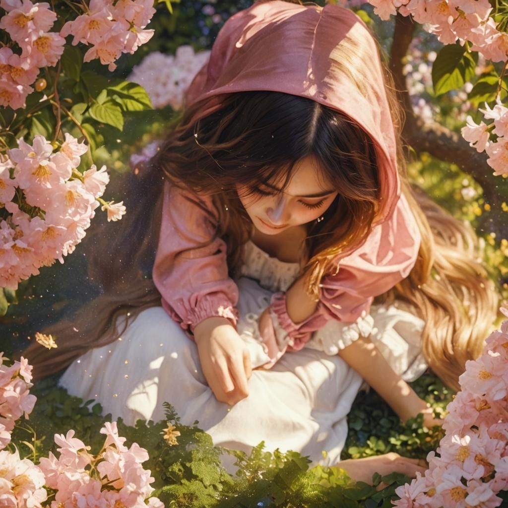 Golden Portrait of Girl in Garden, Klimt Style