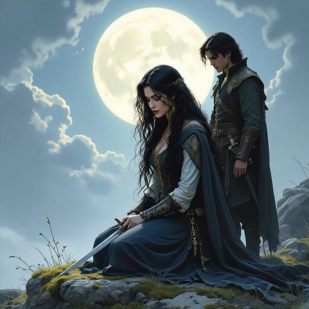 Medieval Woman Cutting Hair in Moonlit Scene