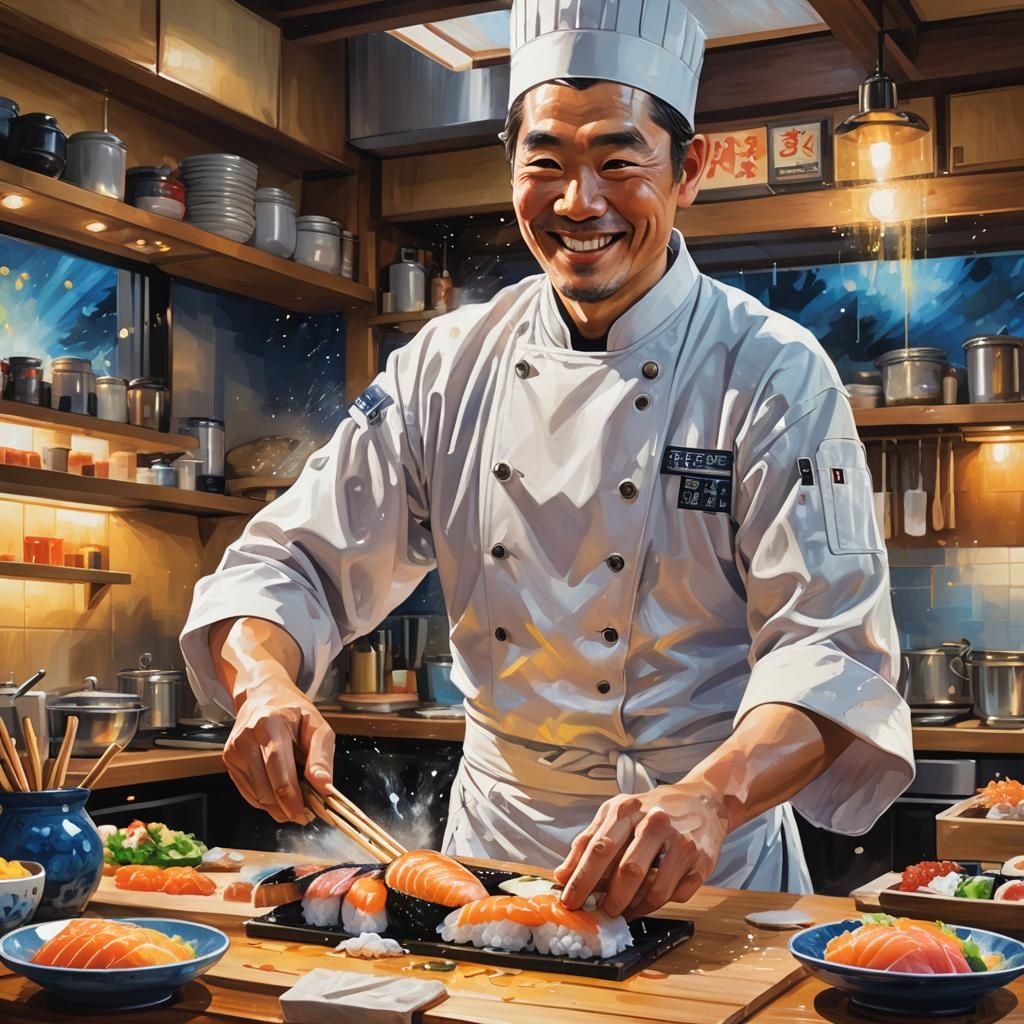 Smiling Sushi Chef in Japanese Kitchen, Digital Art
