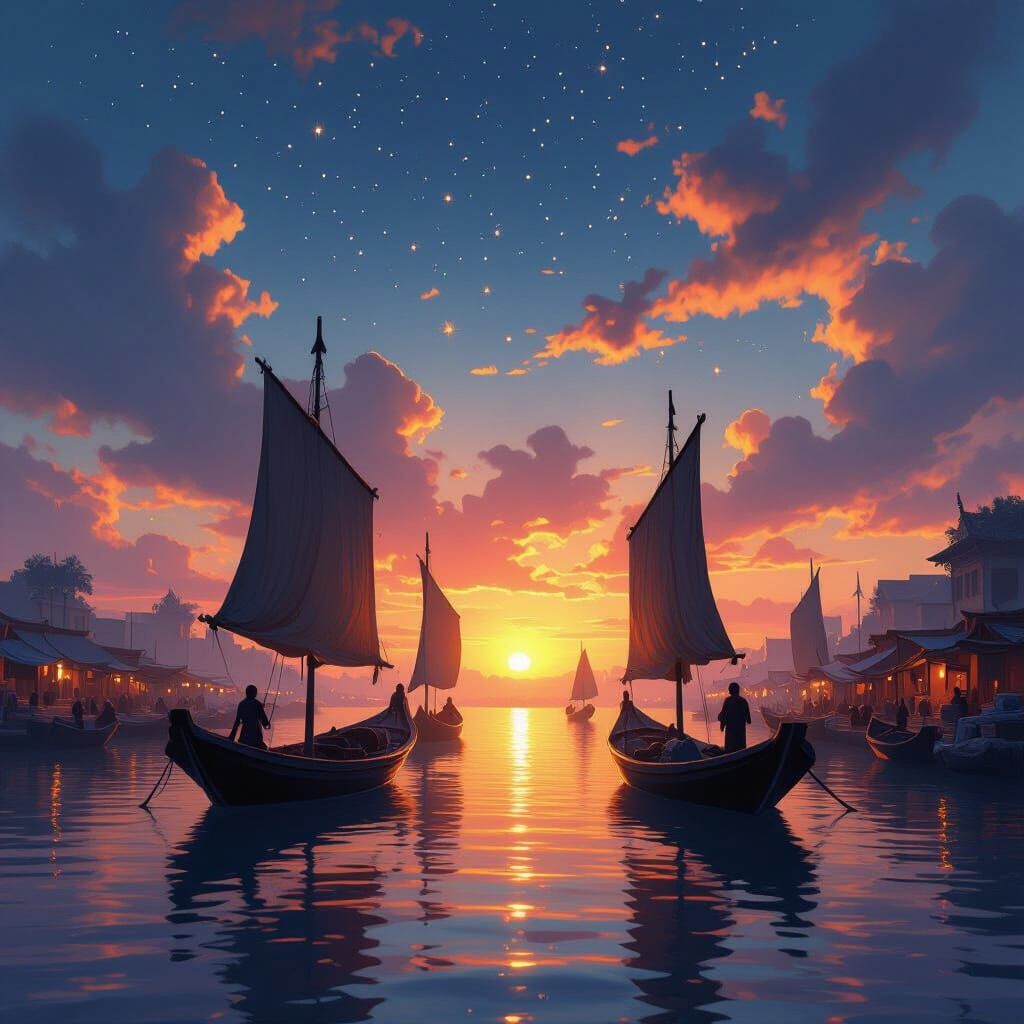 Silk Merchants Boats at Dawn Matte Painting