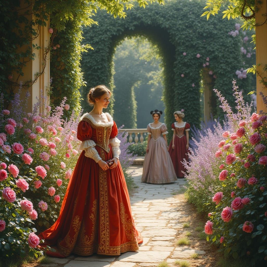 14th Century French Nobles in Elegant Velvet Attire Stroll a...