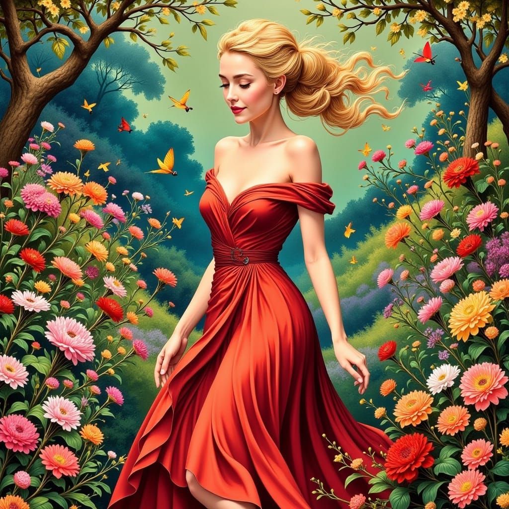 Radiant Woman in Garden: Digital Art Portrait