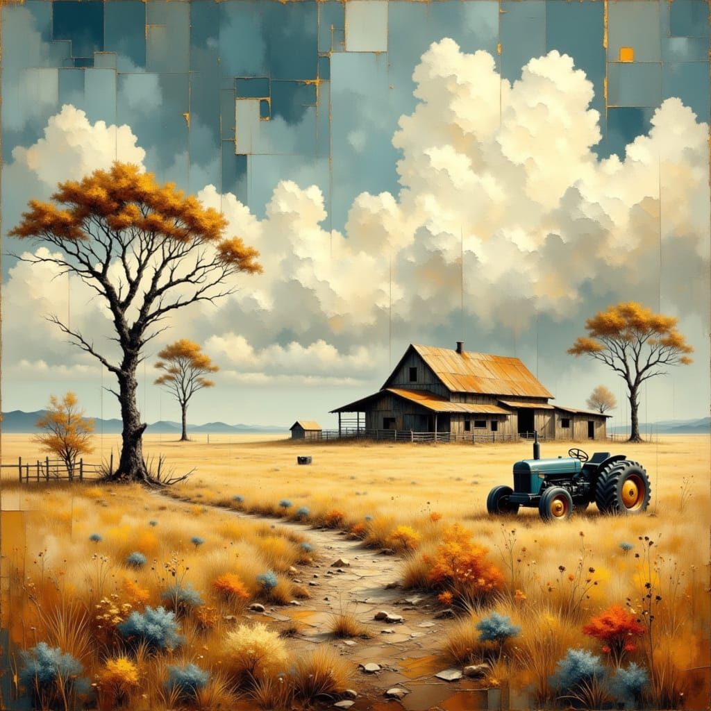Farmhouse in Steppe: Abstract Surreal Rural Scene