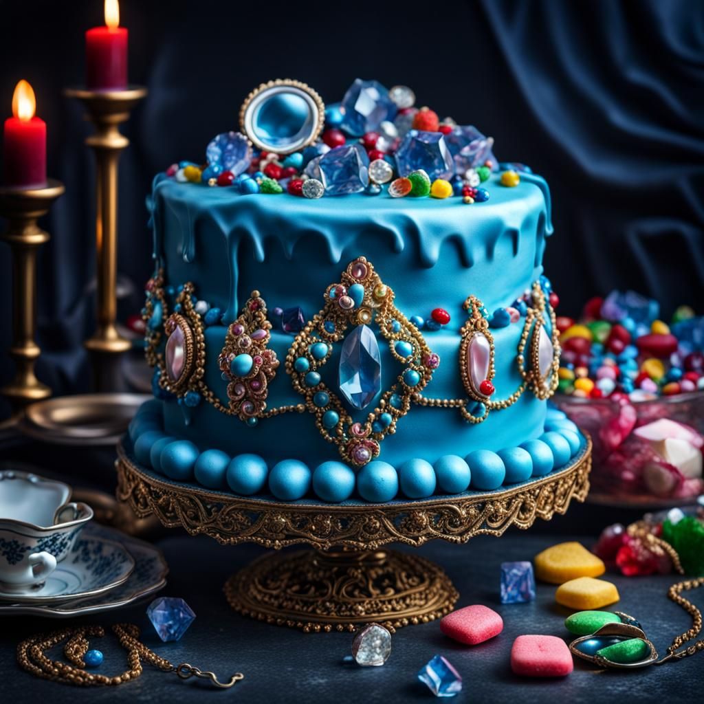 Hyperrealistic Blue Cake with Jewels and Candy