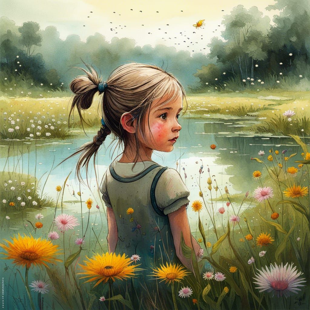 Girl in Wildflower Meadow: Fine Art Watercolor