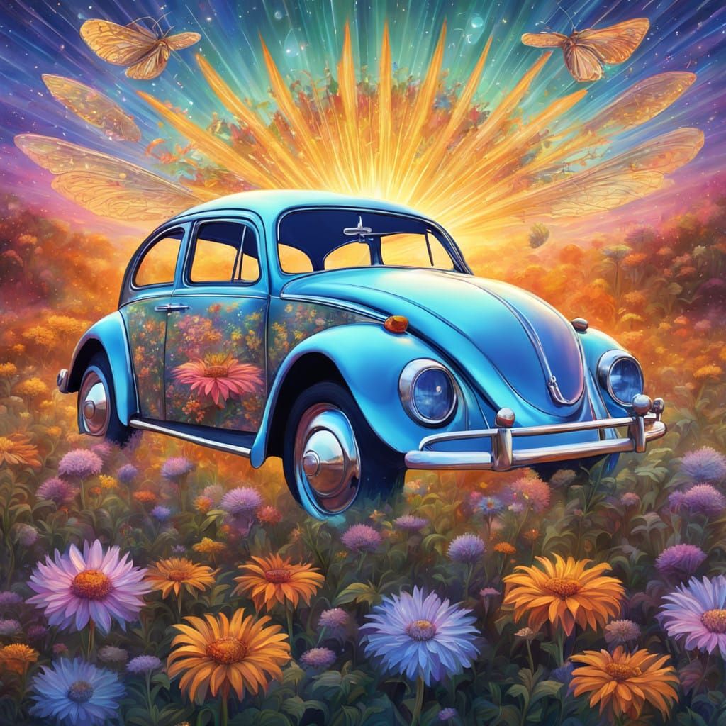 Winged VW Beetle Insect Buzzes Cosmic Flower
