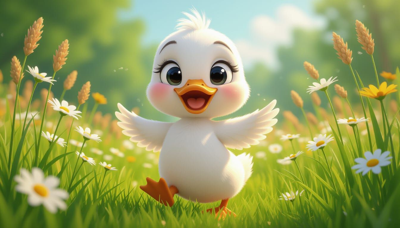 Happy Duckling Dances Through Wildflowers: 3D Cartoon