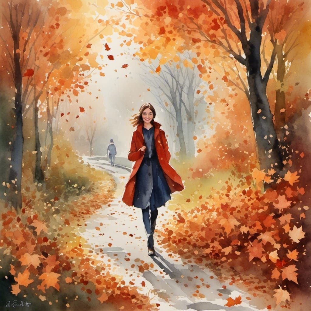 a woman walking down a path with leaves falling down of a park with fall colours