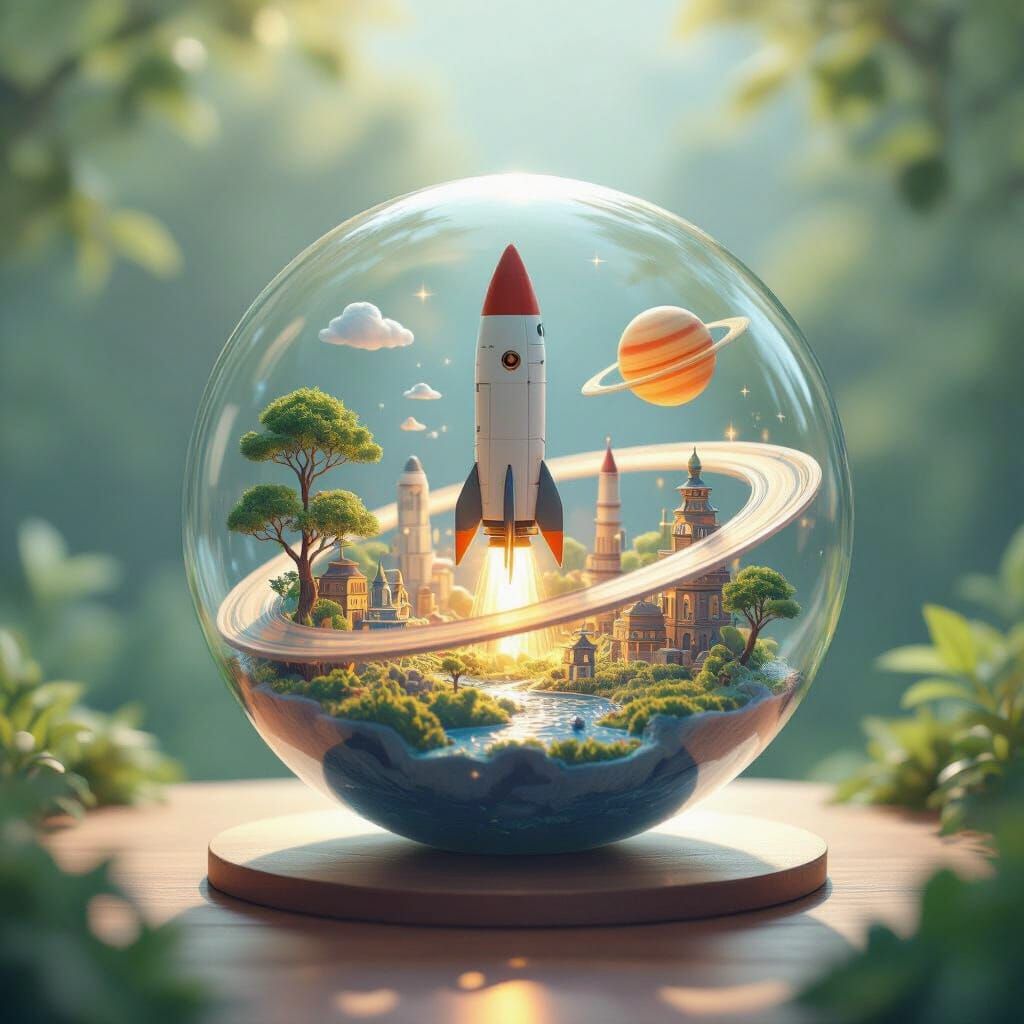 Miniature World in Glass Rocket: 3D Anime Art