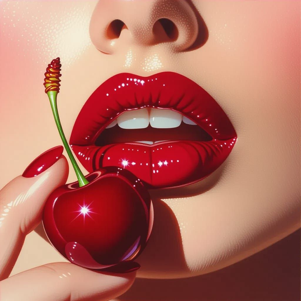 Hyperrealistic Macro Photo of Pink Lips with Cherry