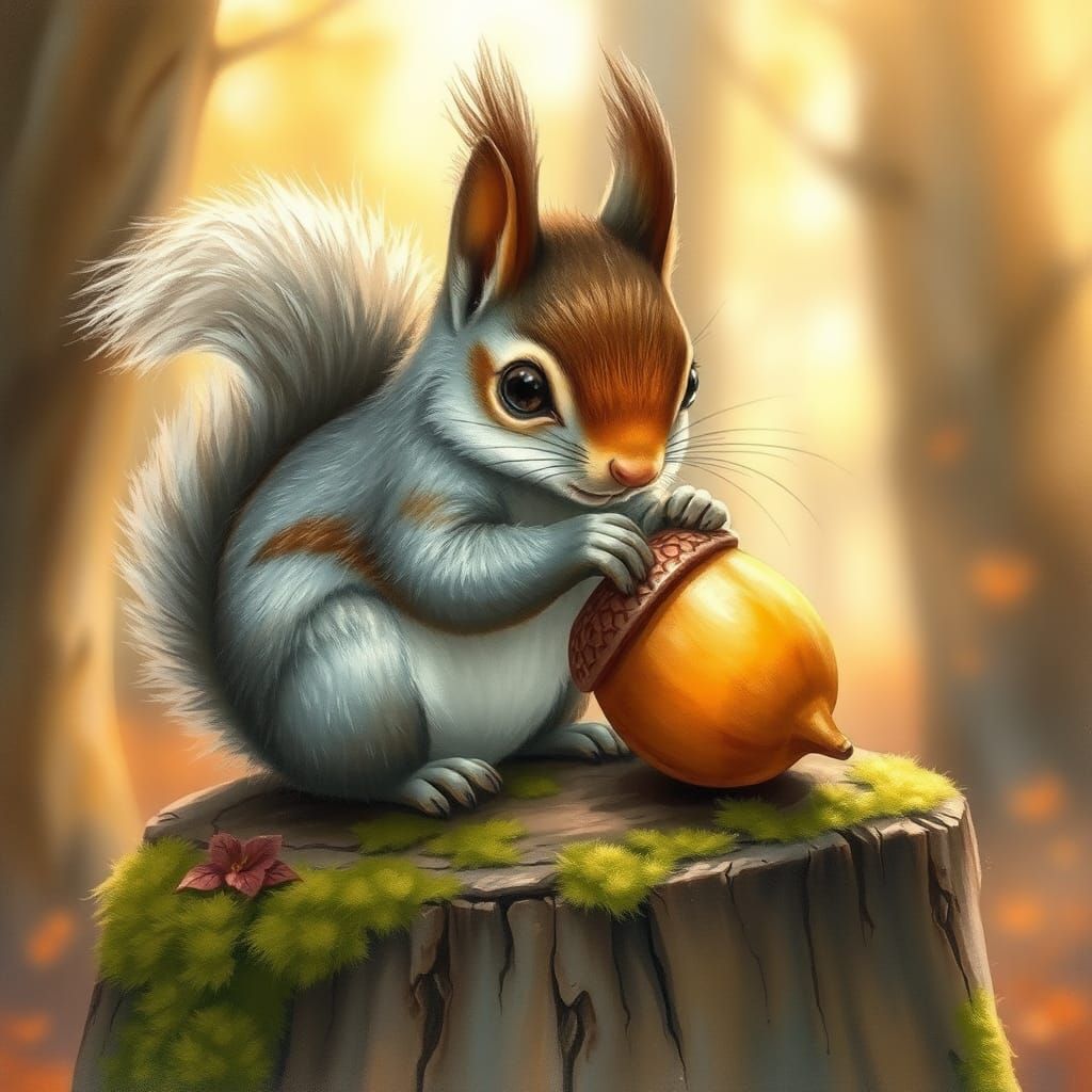 Squirrel Cracking Acorn in Dreamlike Forest Illustration