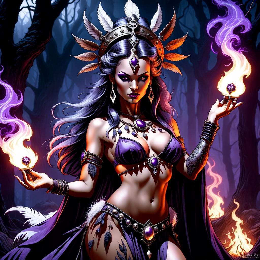 Voodoo Priestess Casting Magic in Heavy Metal Style