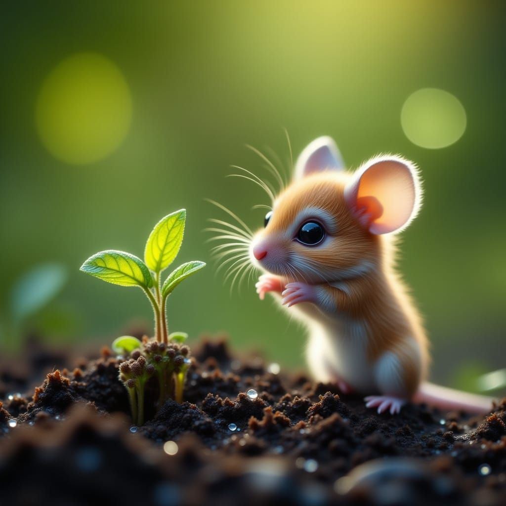 Cute Mouse Admires Sprouting Seed in Realistic Photo
