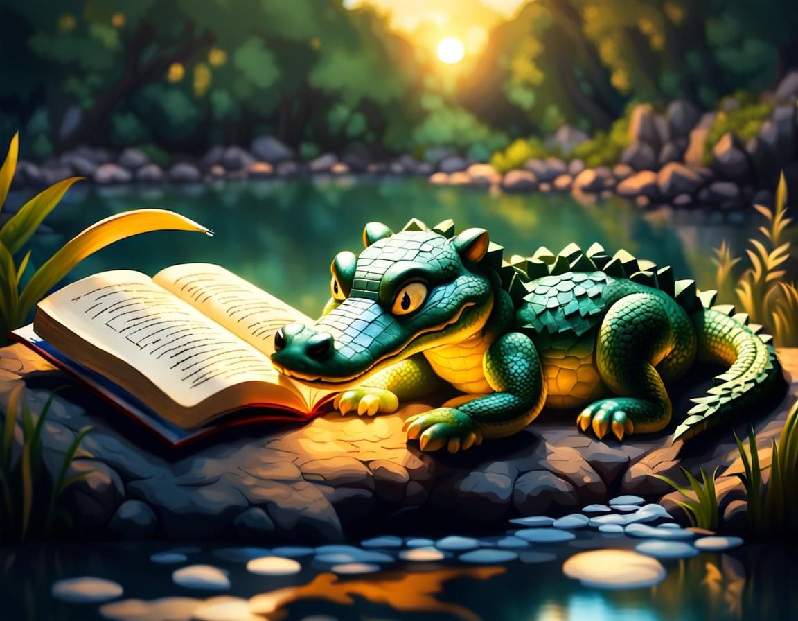 Chibi Crocodile Sleeping with Book: Fantasy Art