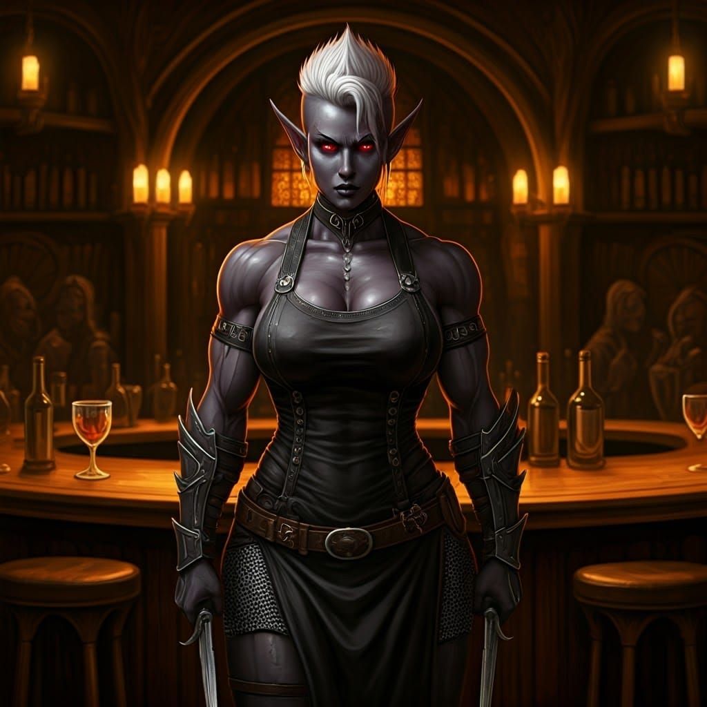 Dark Elf Bartender in Fantasy Tavern
