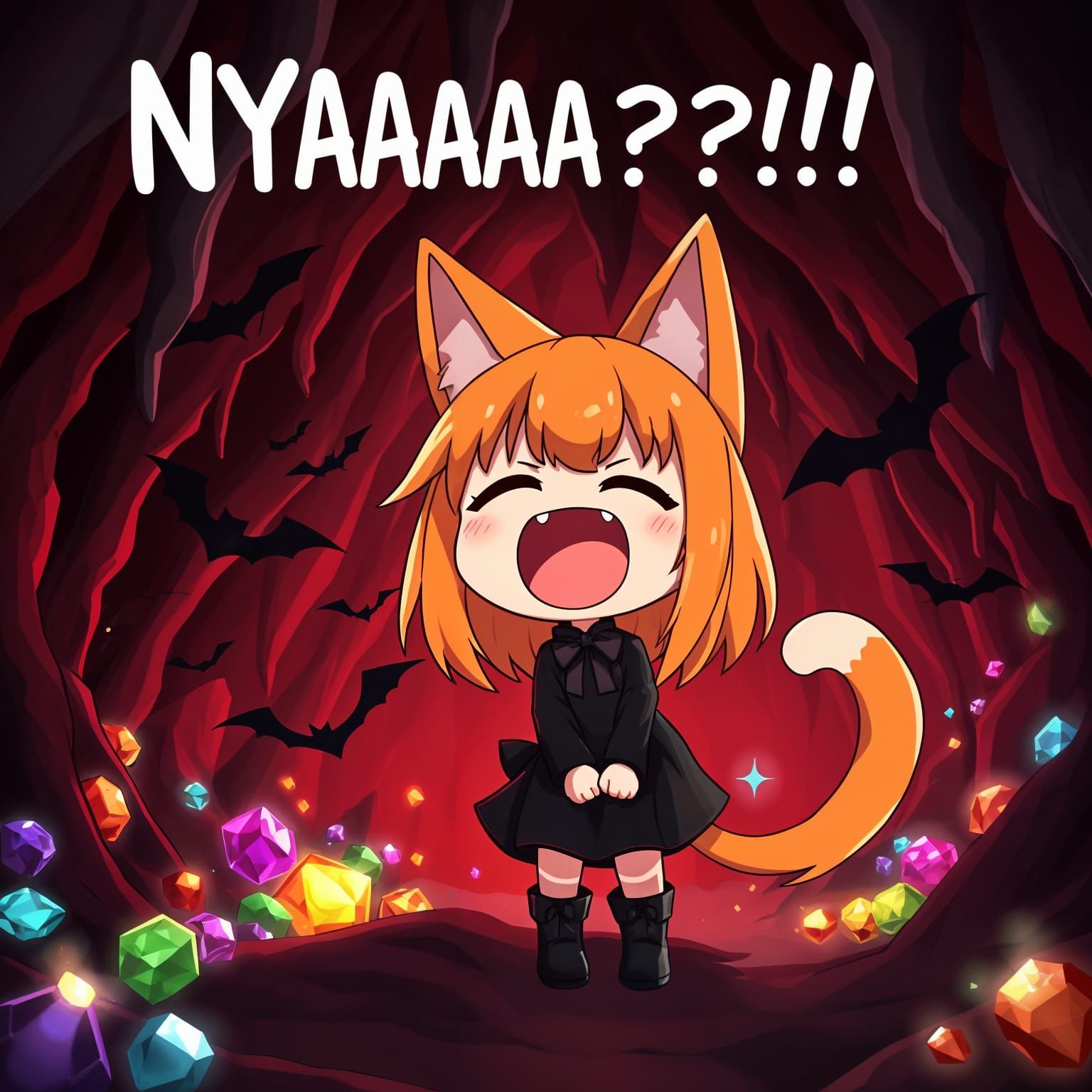 Anime Catgirl in a Dark Fantasy Cave
