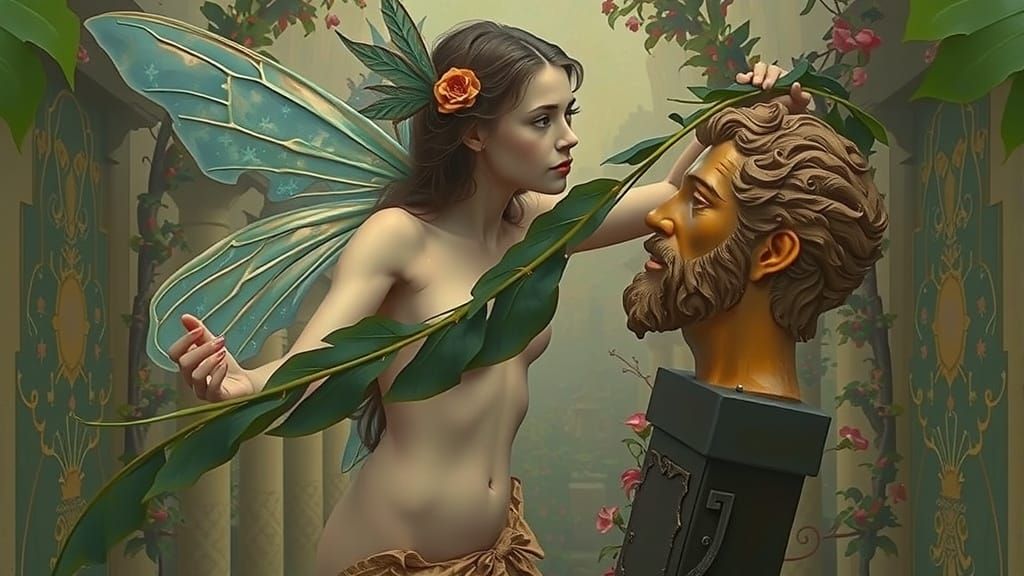 Blonde Fairy Woman and Wooden Adonis Statue