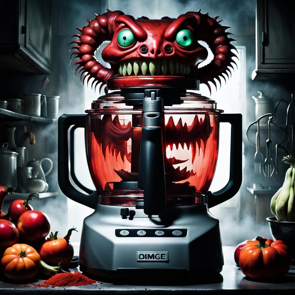 Aged menacing food processor. Evil grin display. Front, a monstrous face with sharp, silver teeth. Large eyes, glowing r...
