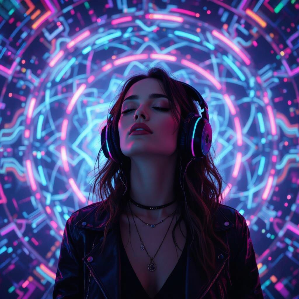 Woman Lost in Trance Music with Psychedelic Patterns