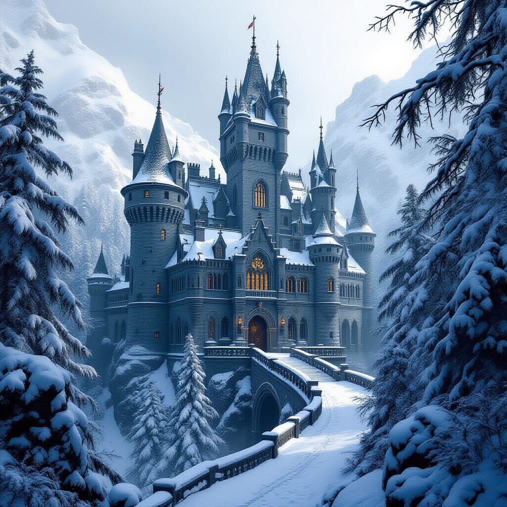 Majestic Castle in Snowy Woods Matte Painting