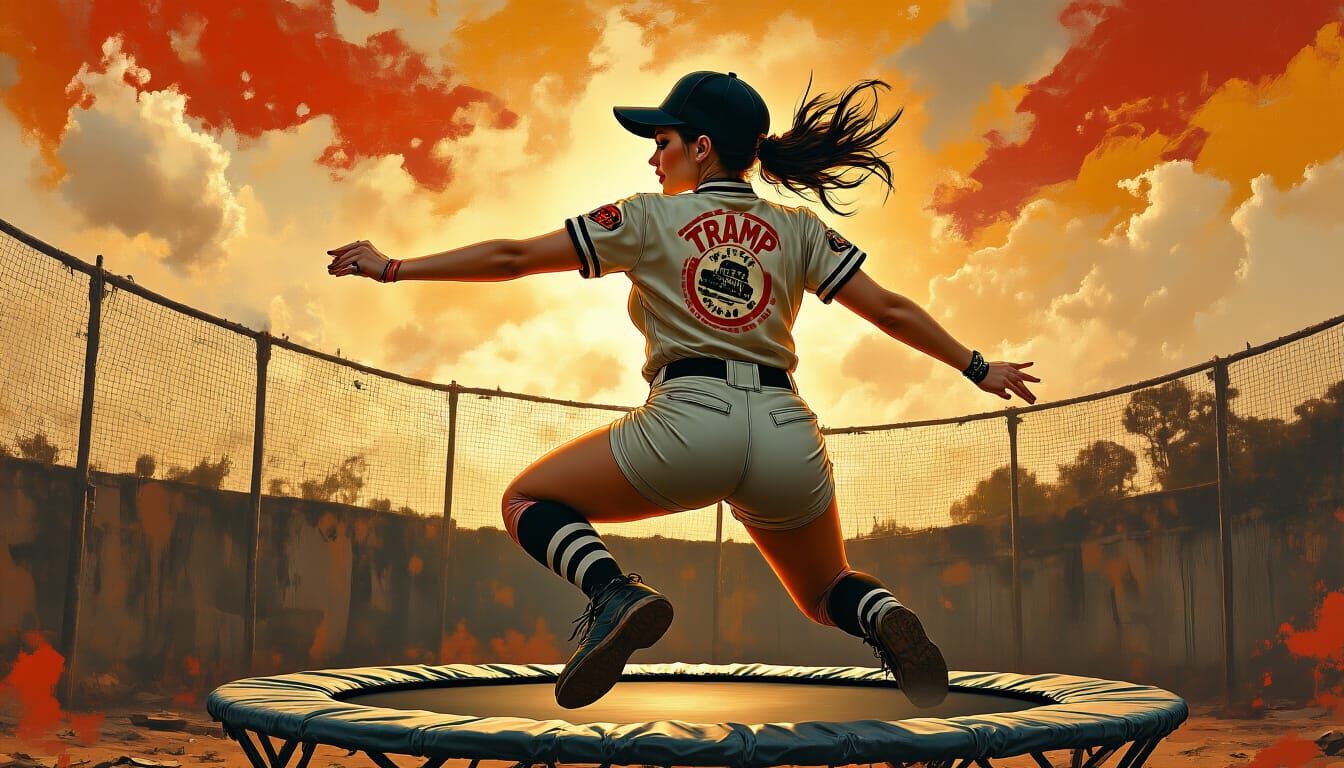 Surreal Umpire Bouncing on Trampoline, Mixed Media Art