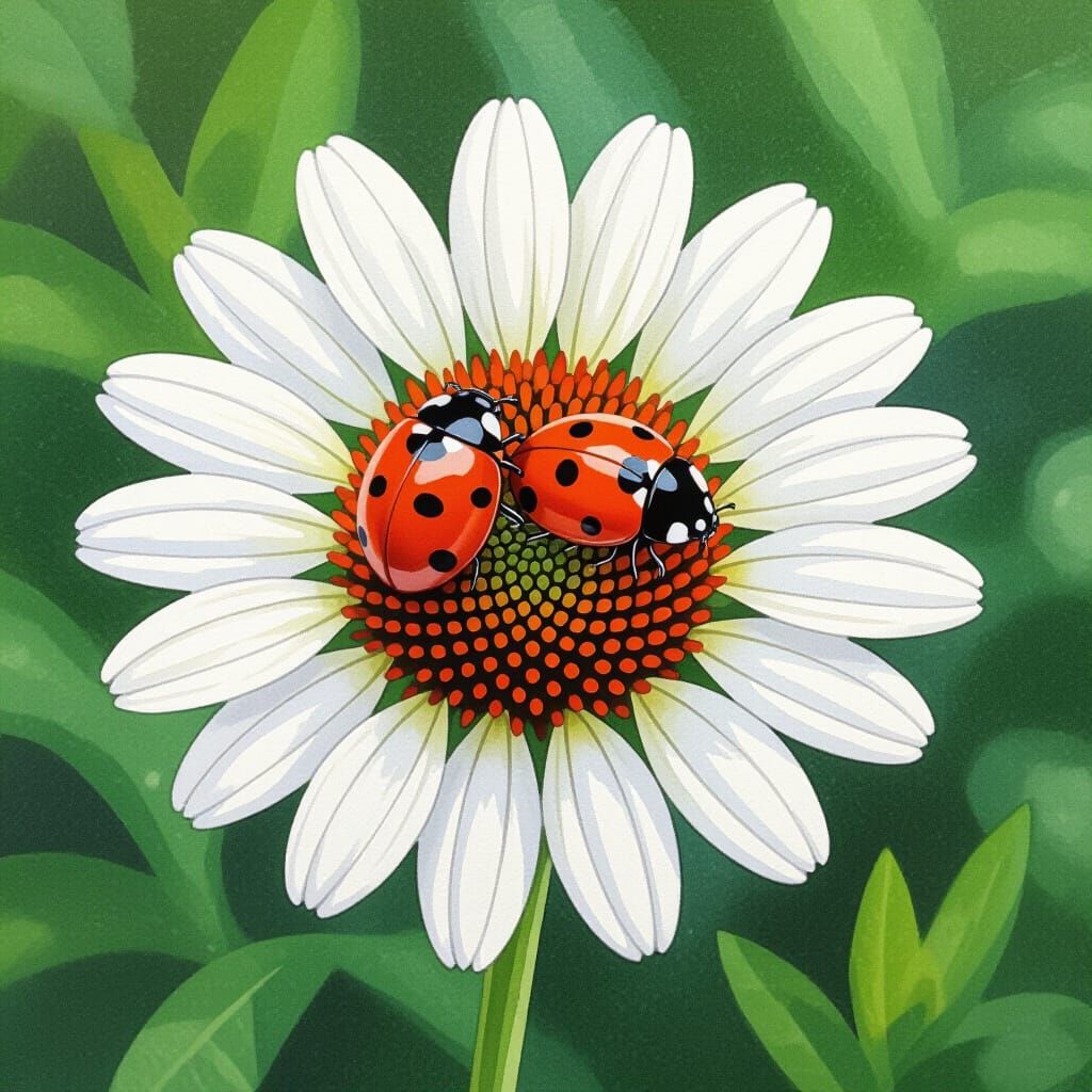Detailed Gouache Painting of Ladybugs