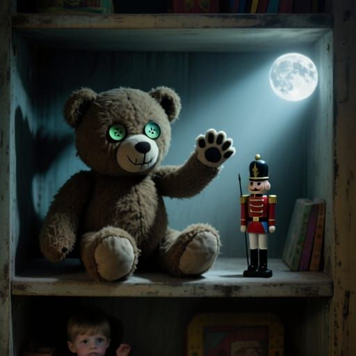 Sinister Teddy Bear on Dusty Shelf in Moonlight