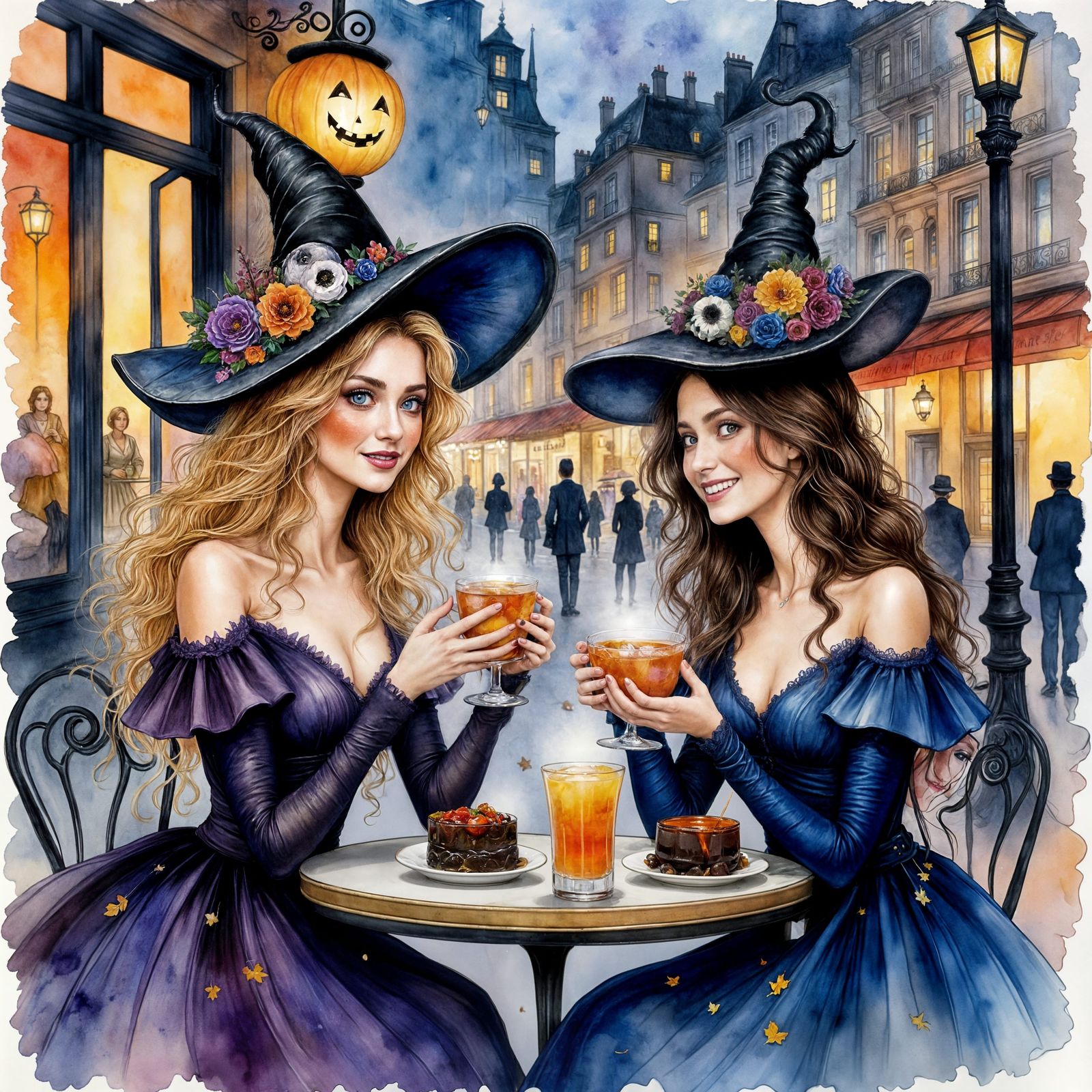 Witches Reunite in Paris Cafe, Impressionistic Watercolor St...