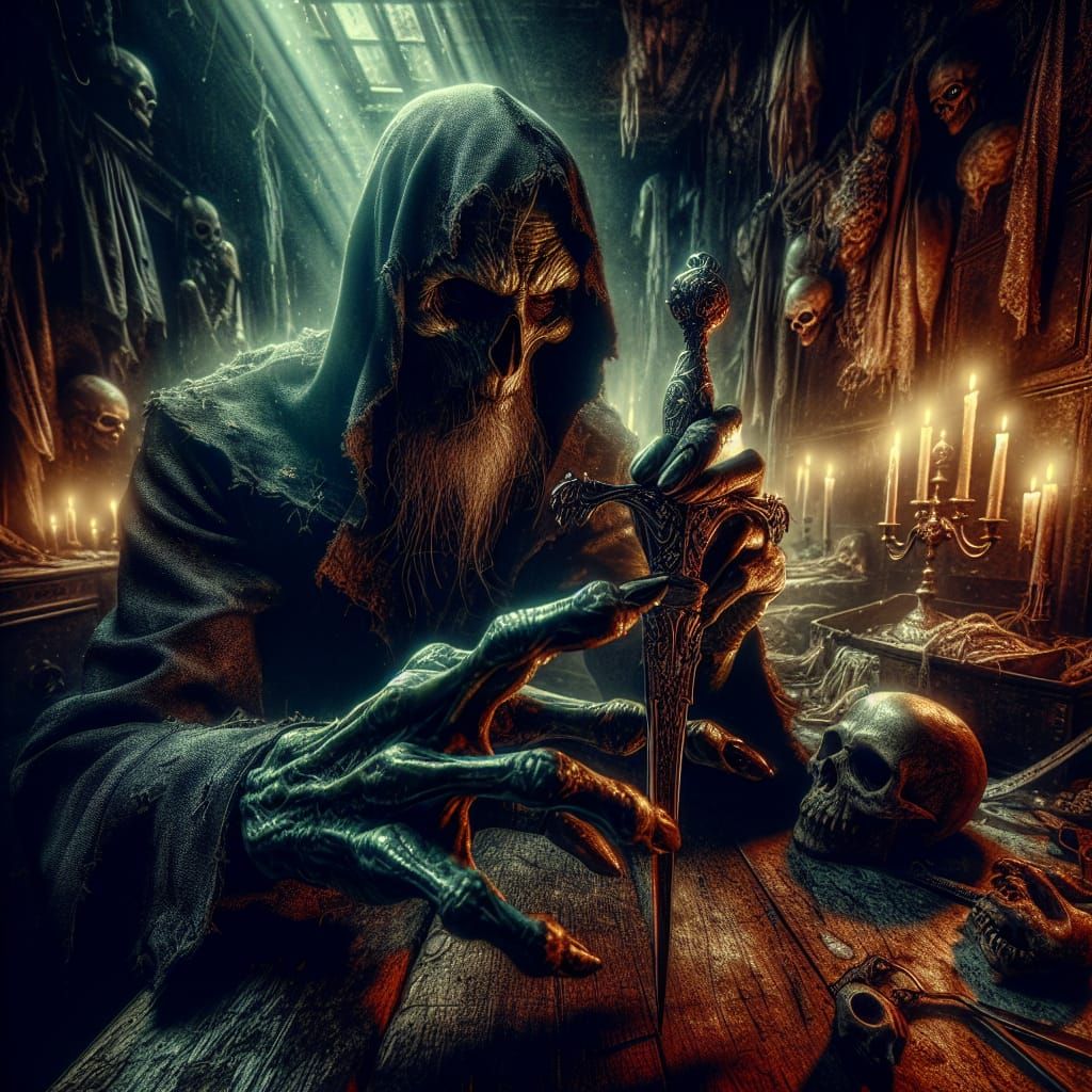 Ominous Man with Cursed Sword in Hyperrealistic HDR