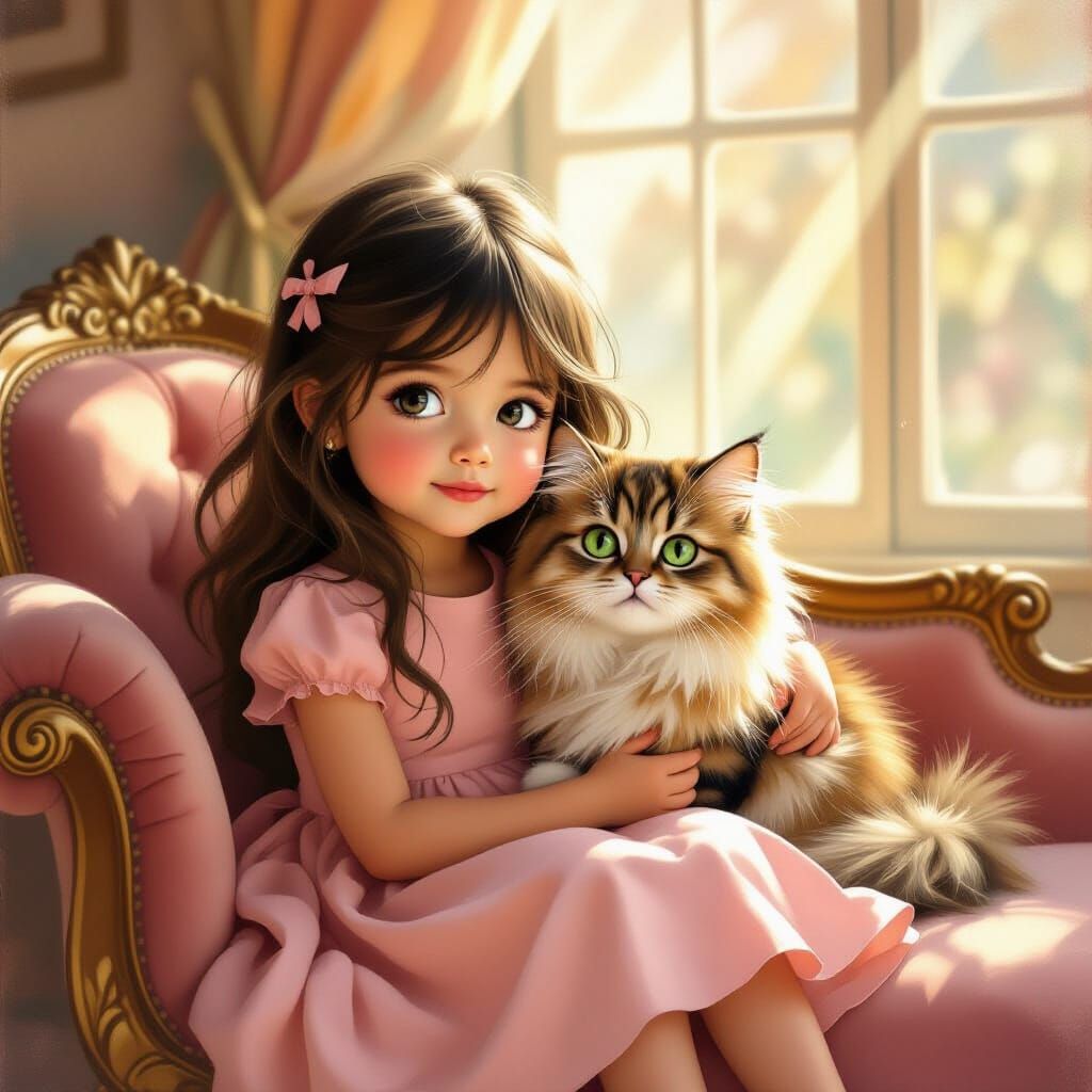Girl in Pink Dress with Fluffy Cat on Velvet Chaise