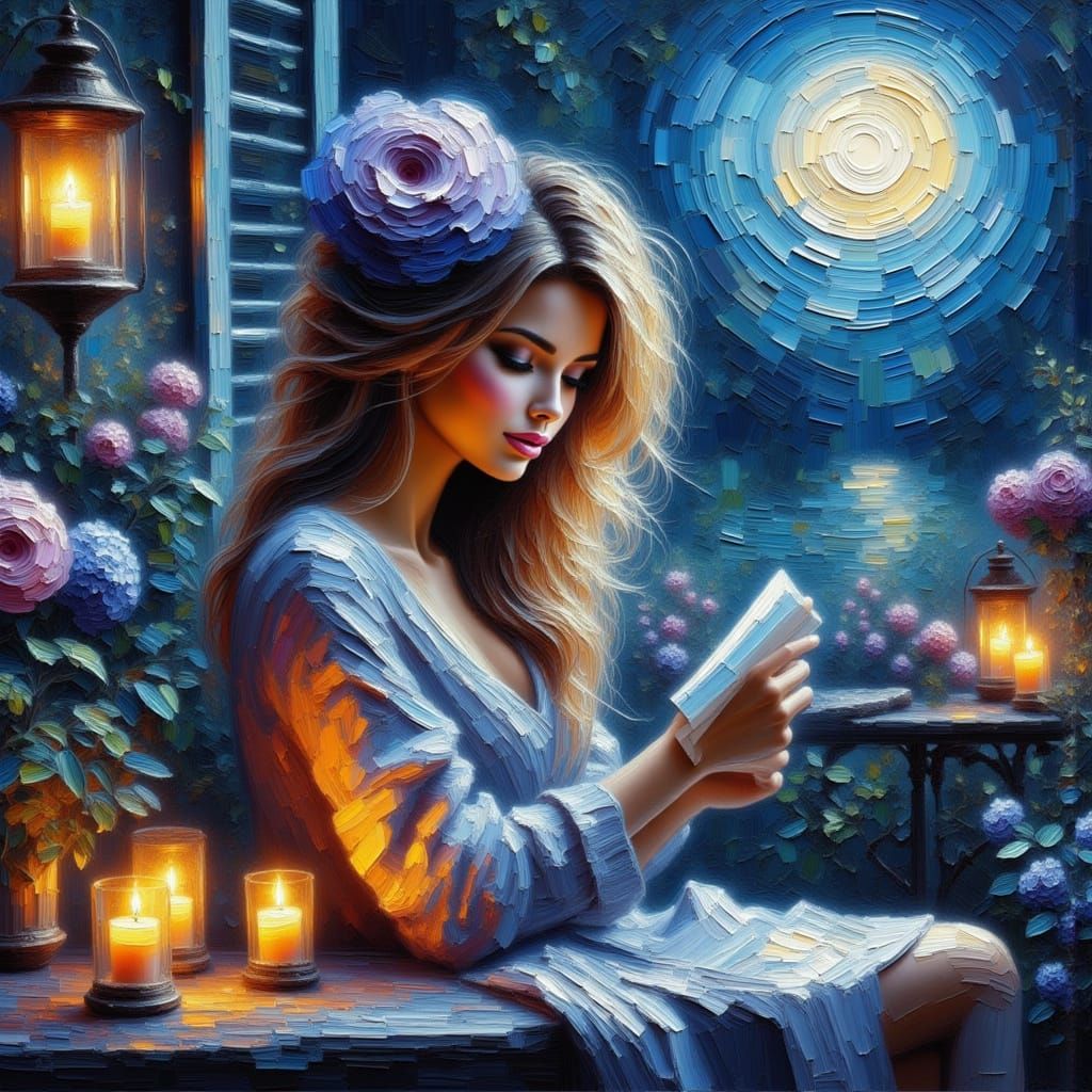 Woman Reading Letter in Moonlit Garden by Candlelight