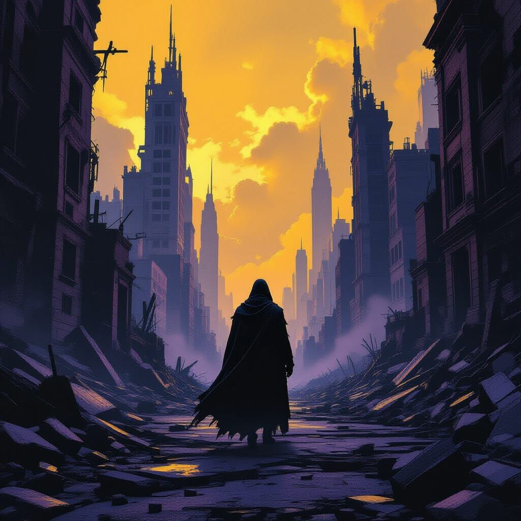 Eerie Figure in Decaying Cityscape: Dark Fantasy Art