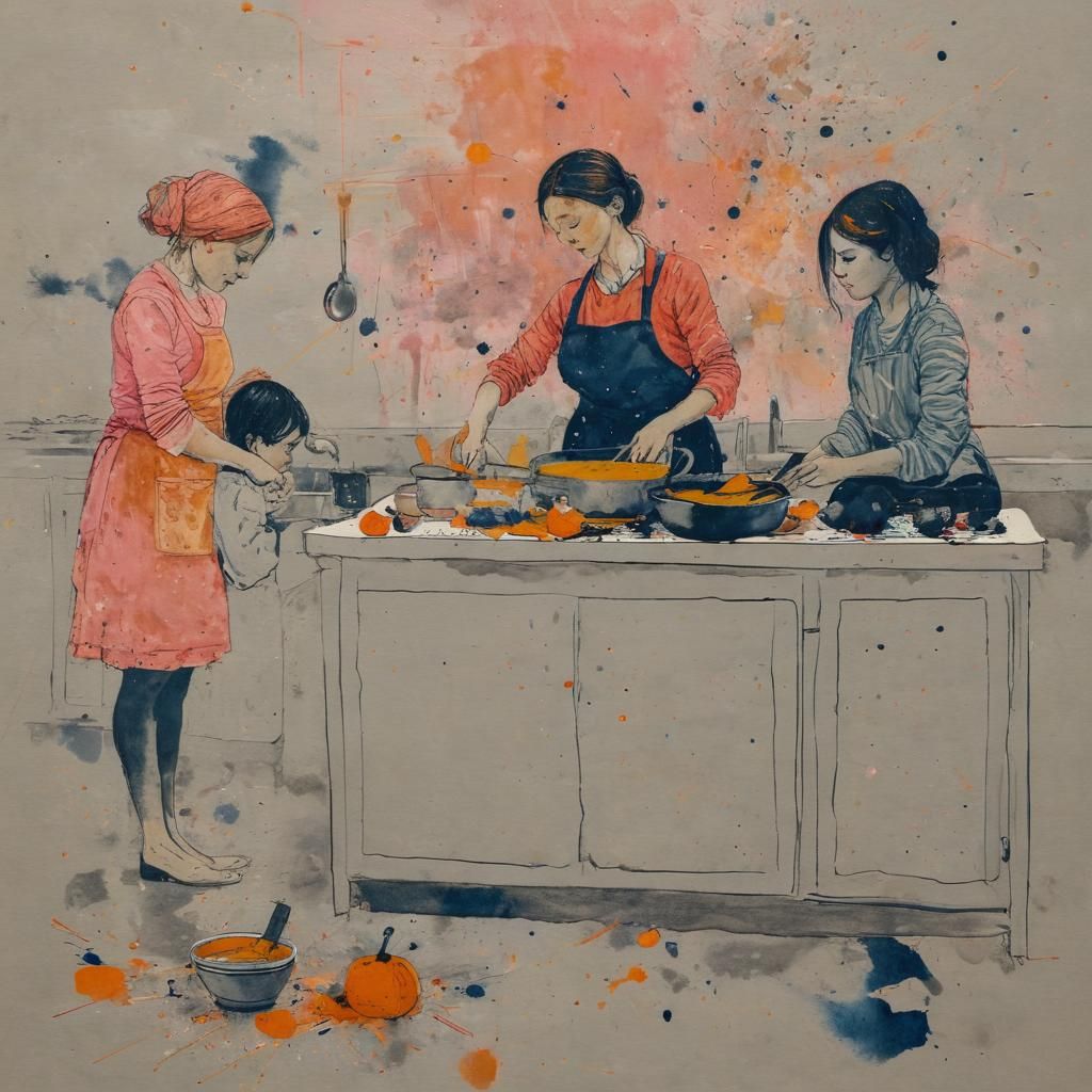 Cozy Evening at home, in the kitchen. A mother 
making a tas...