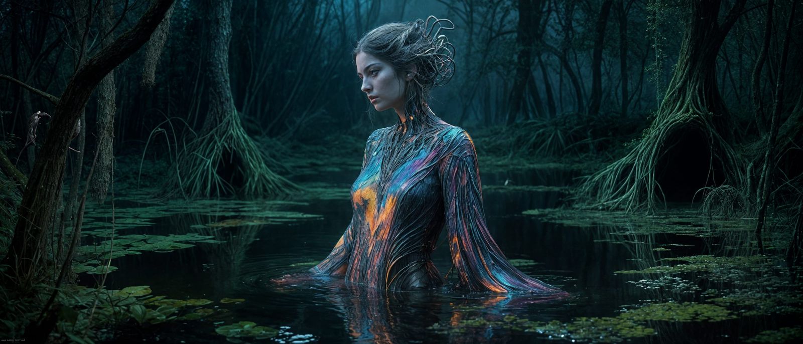 Ethereal Woman in Vibrant Colors on Mystic Marsh