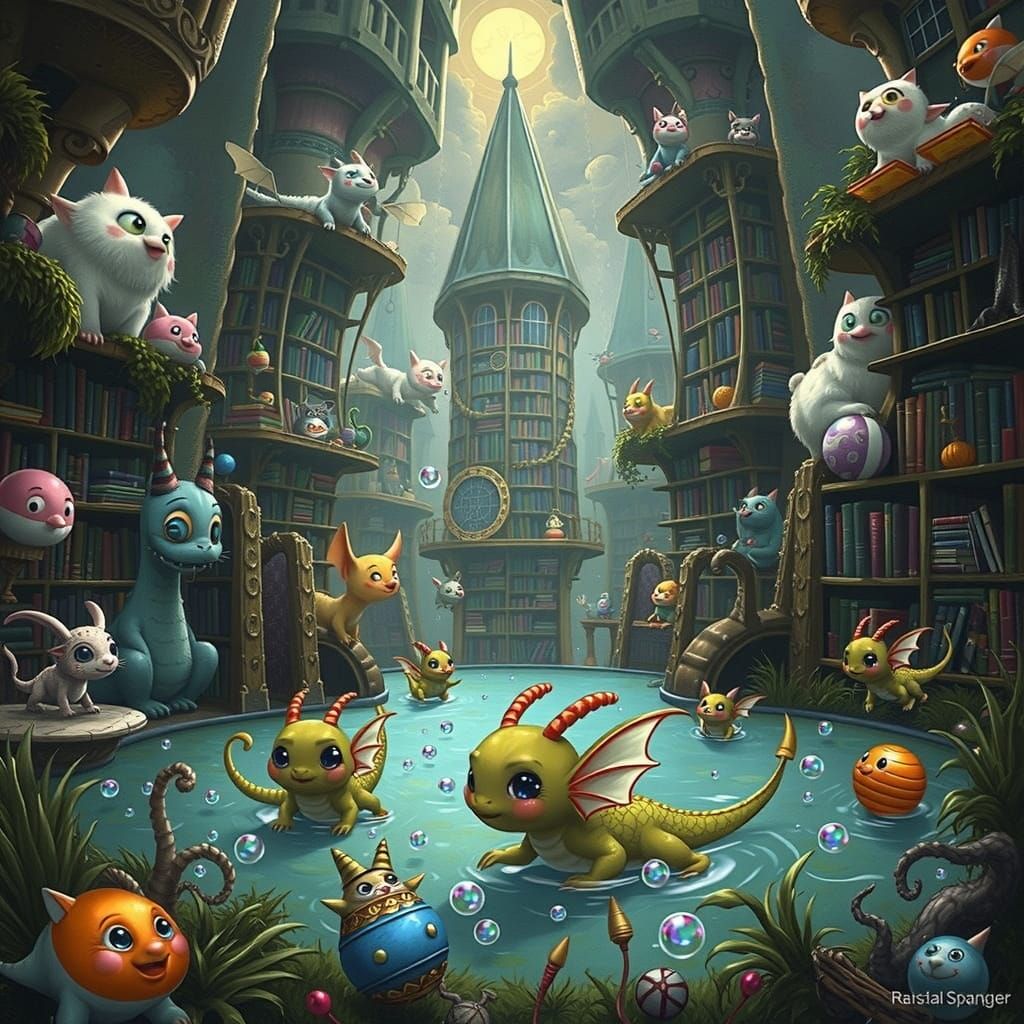 Whimsical Bookshelf Realm of Chubby Dragons and Fantastical ...