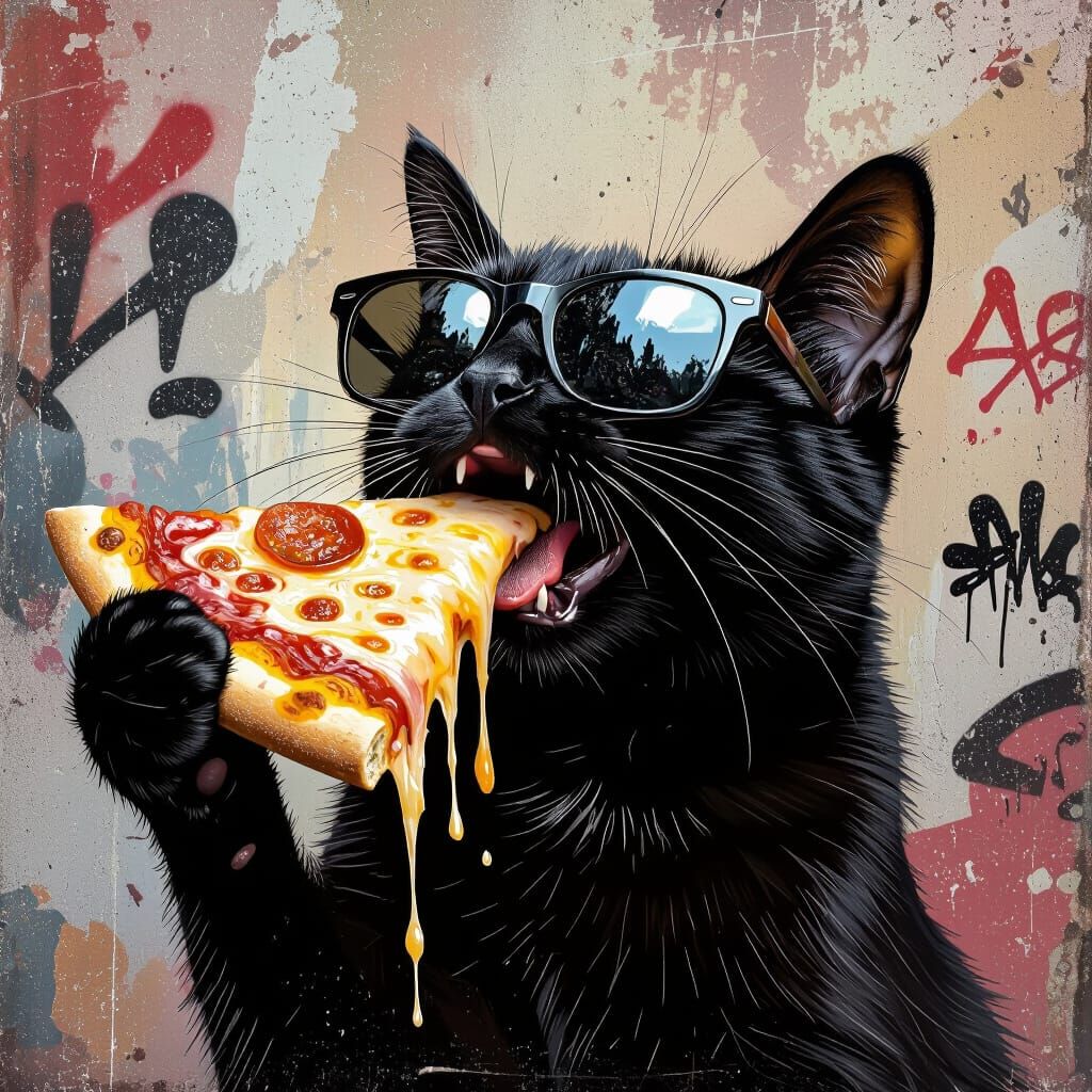 Black Cat in Sunglasses Eating Pizza Art