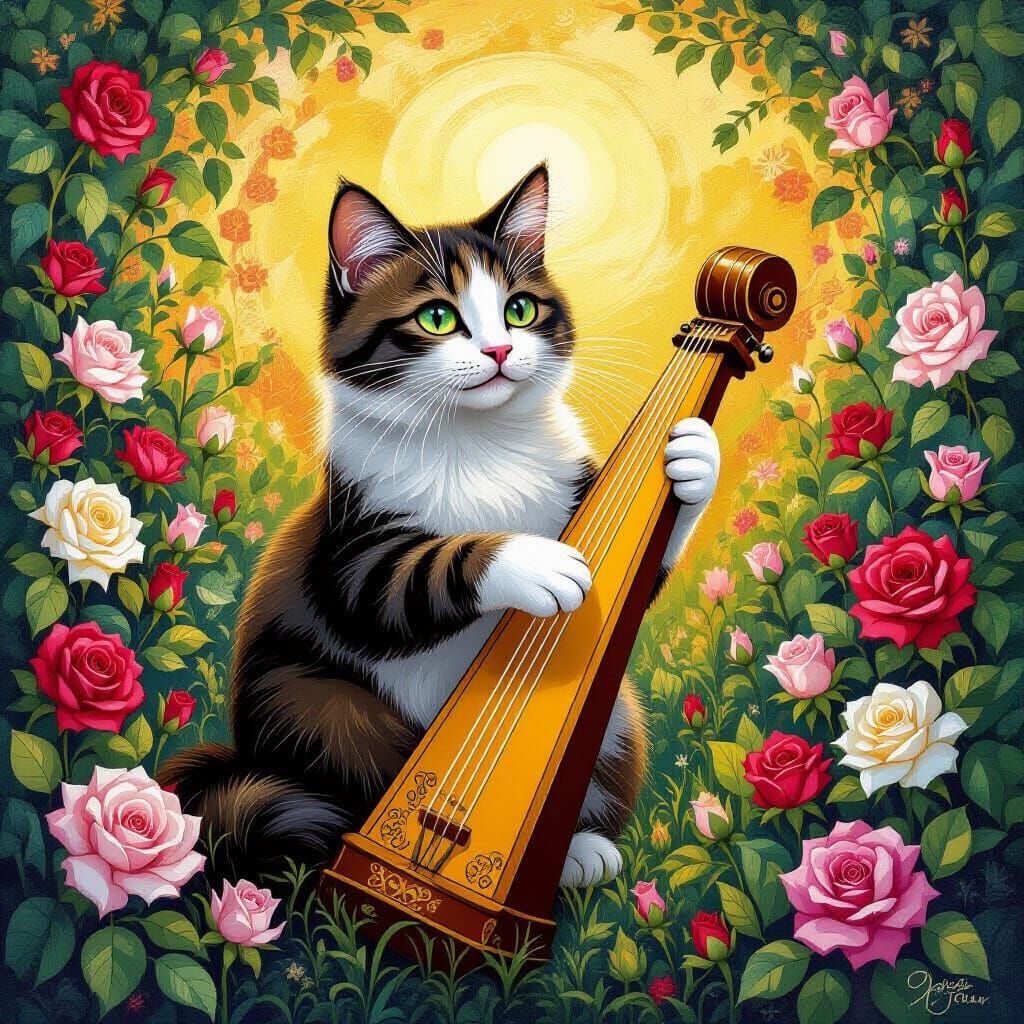 Cat Playing Harp in Klimt-inspired Garden