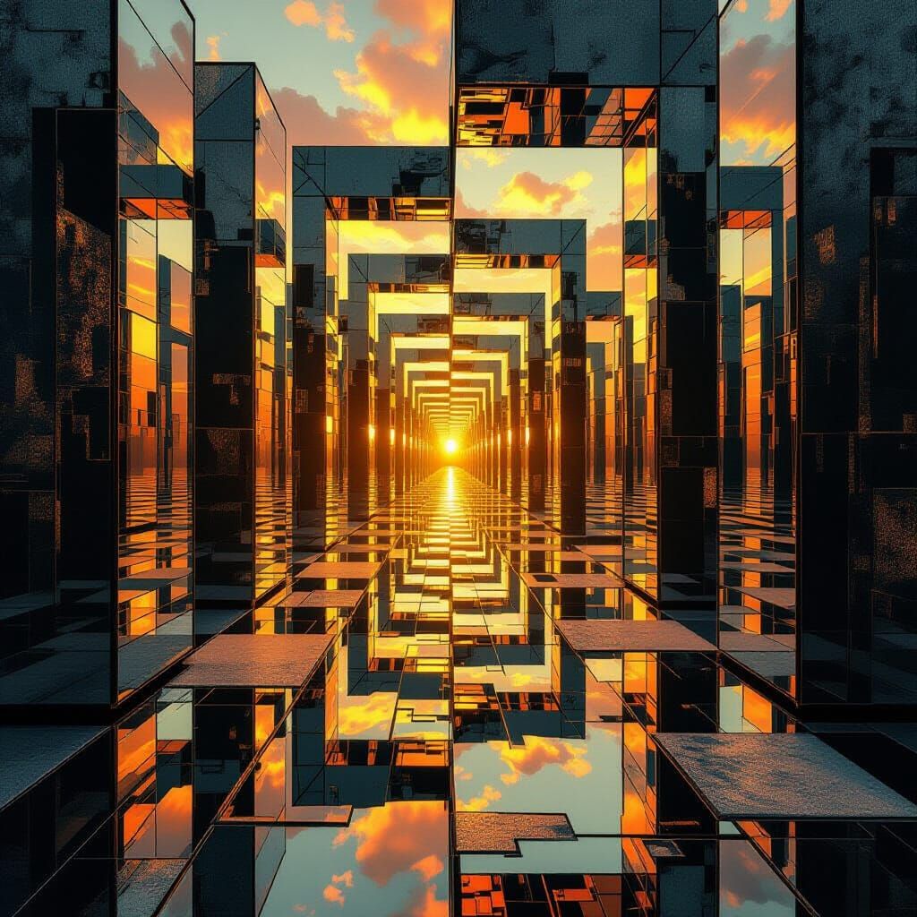 Surreal Mirror Maze With Backward Aging Reflections