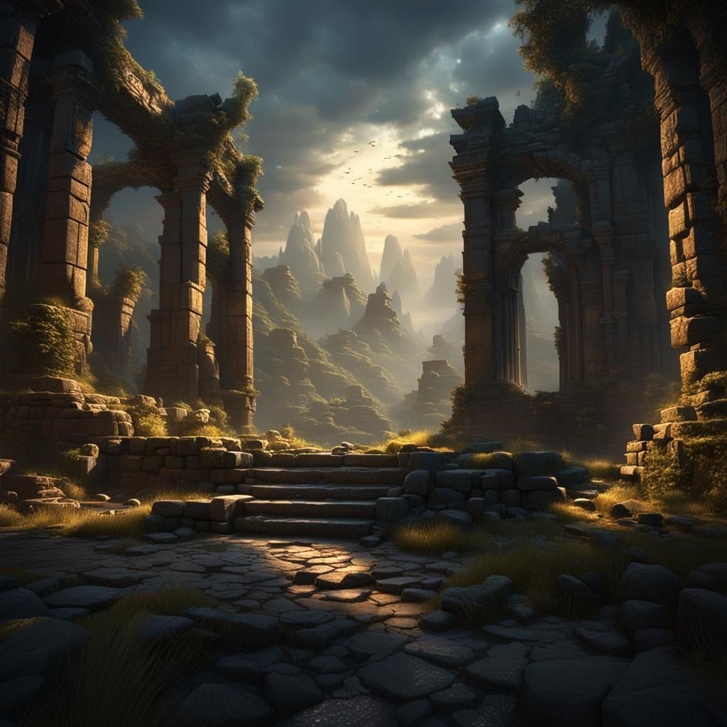 The hidden realm shimmers with ethereal light, revealing a breathtaking landscape of ancient ruins and mystical creature...