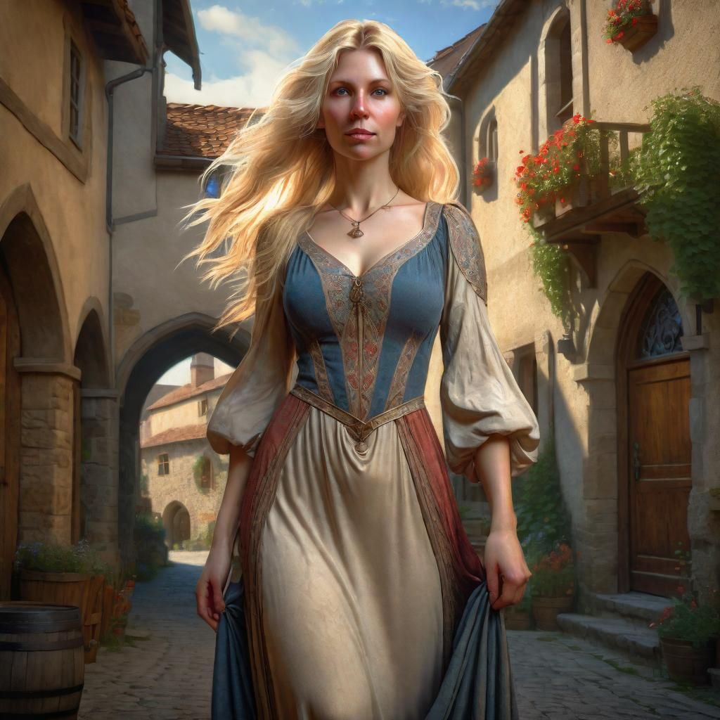 Fantasy Portrait of a Blonde Woman in Medieval Village