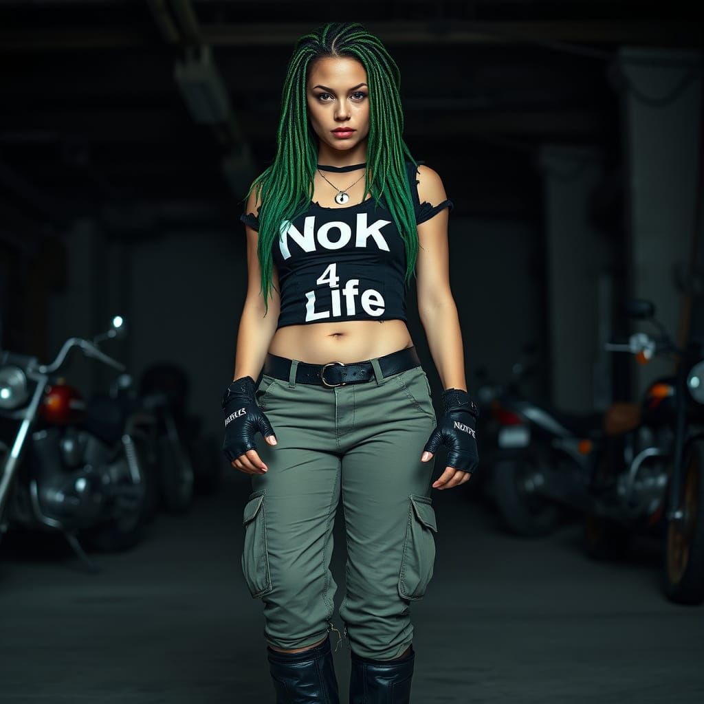 Rebellious Punk Biker Woman in Dark Motorcycle Garage