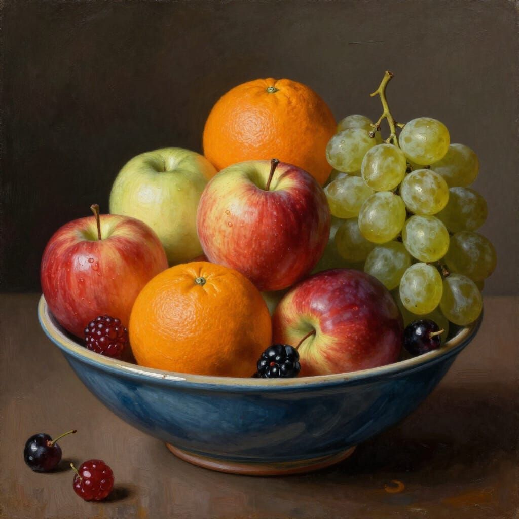 Hyperrealistic Still Life Oil Painting of Fruit Bowl