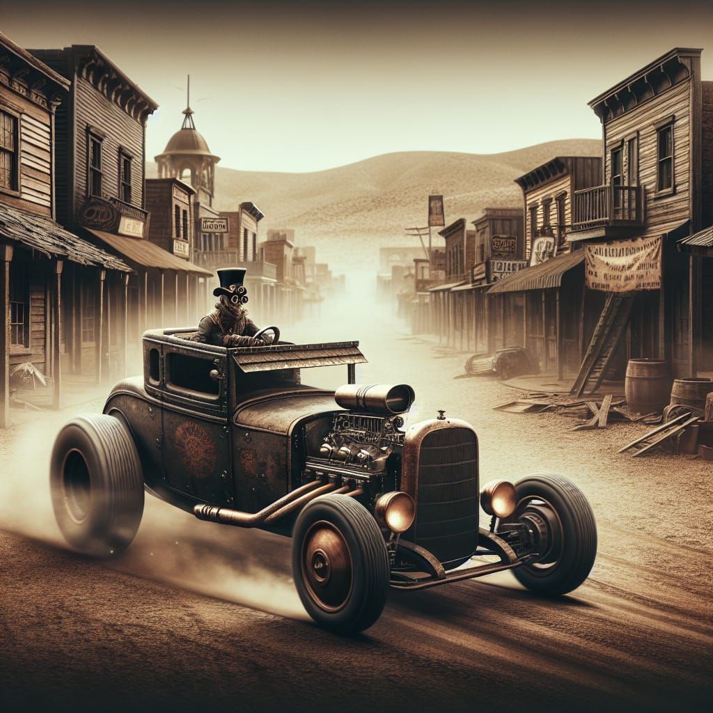 Steampunk Hot Rod Speeds Through Weathered Town