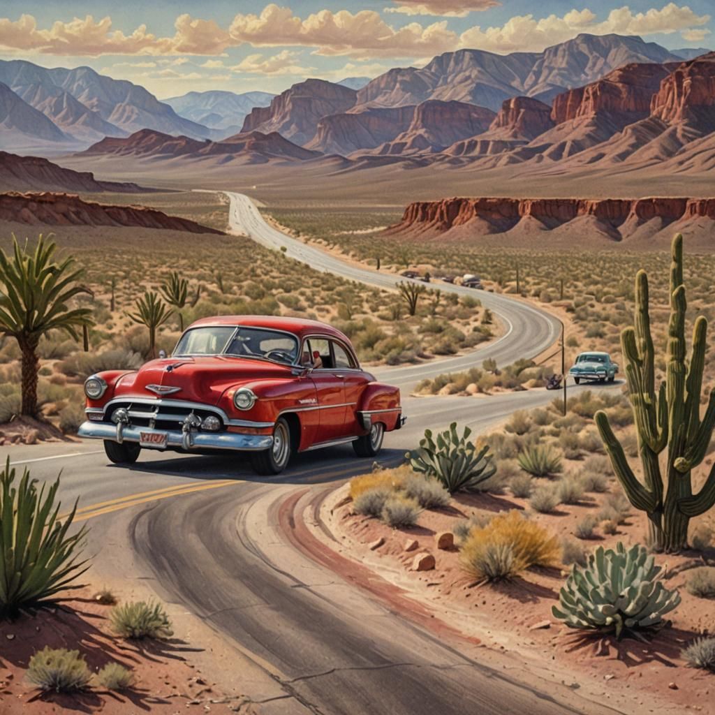 Desert Road Trip in Gouache Style
