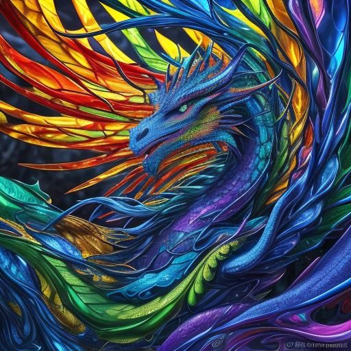 Stained Glass Dragon Breathing Fire in Mystical Forest