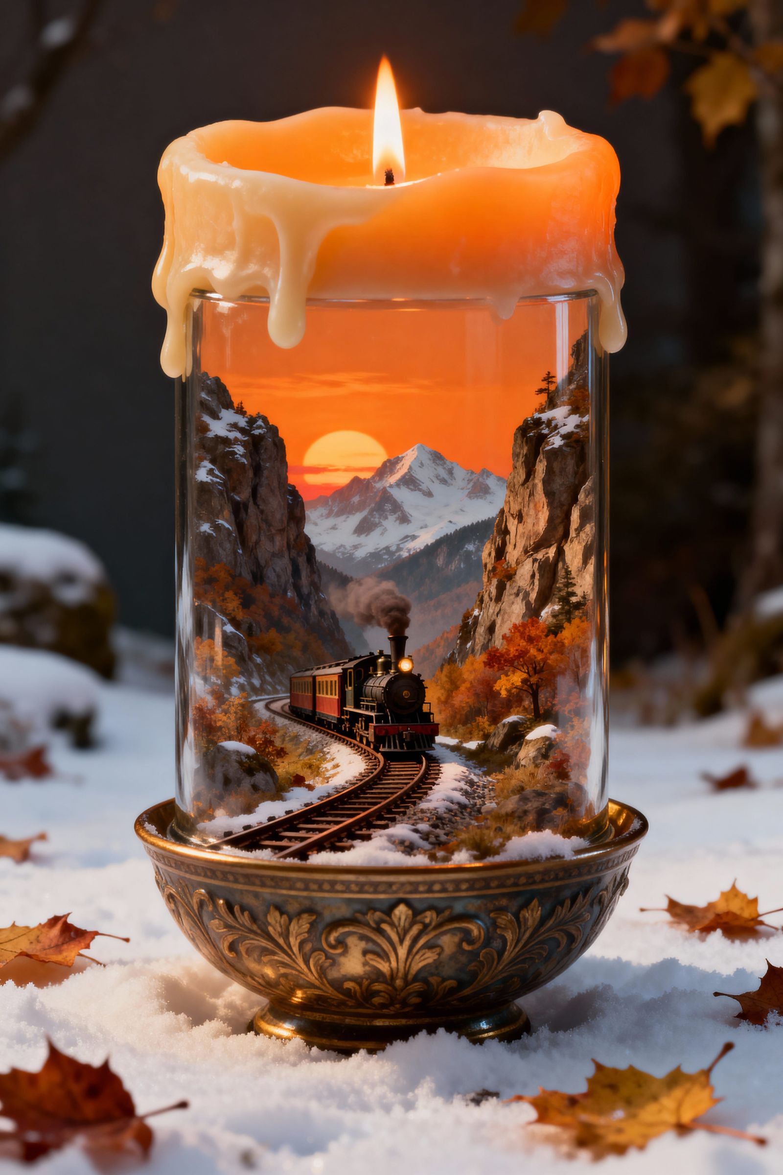 Melting Candle Terrarium with Miniature Train and Autumn Sun...