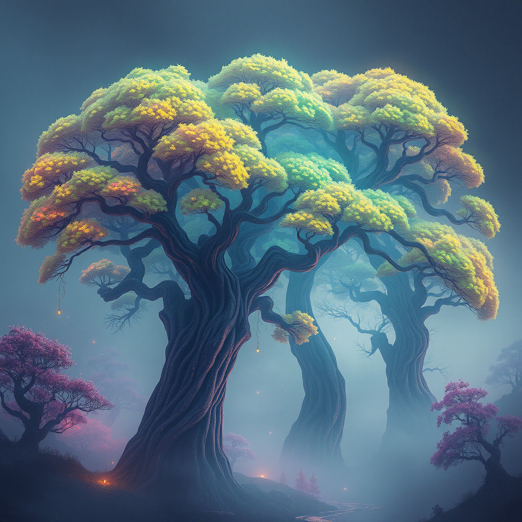 Ethereal Green Trees in Mystical Landscape, Matte Painting
