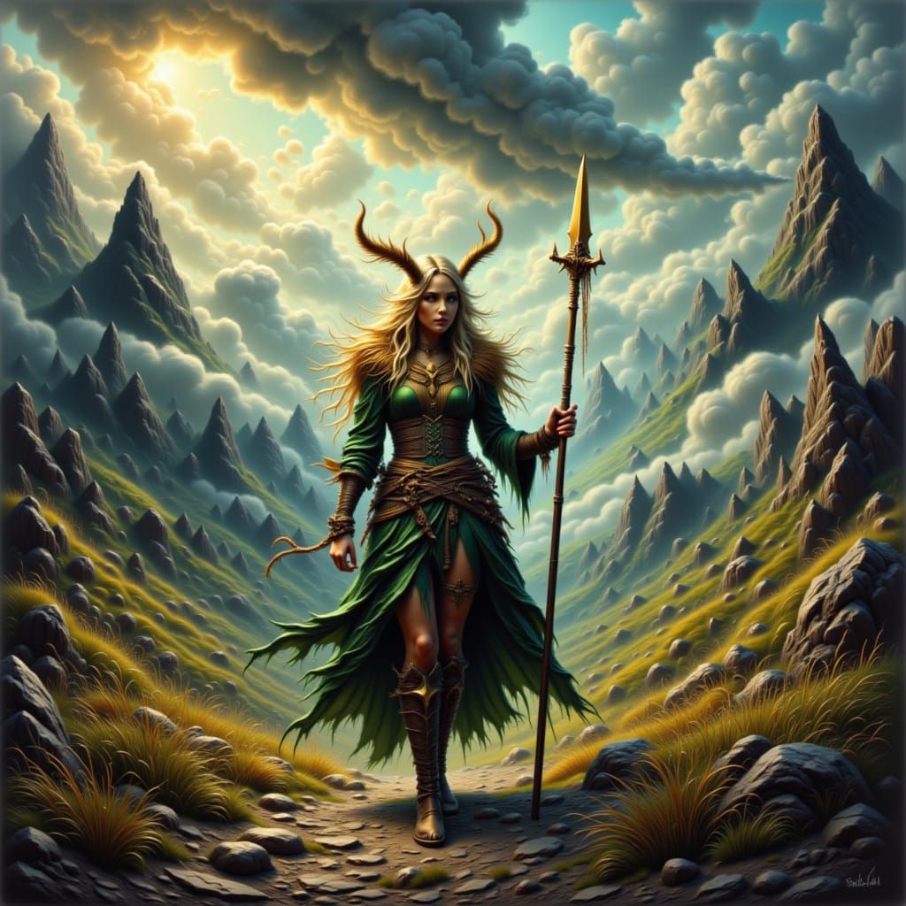 Elven Warrior Defends Against Demons in Mountain Storm