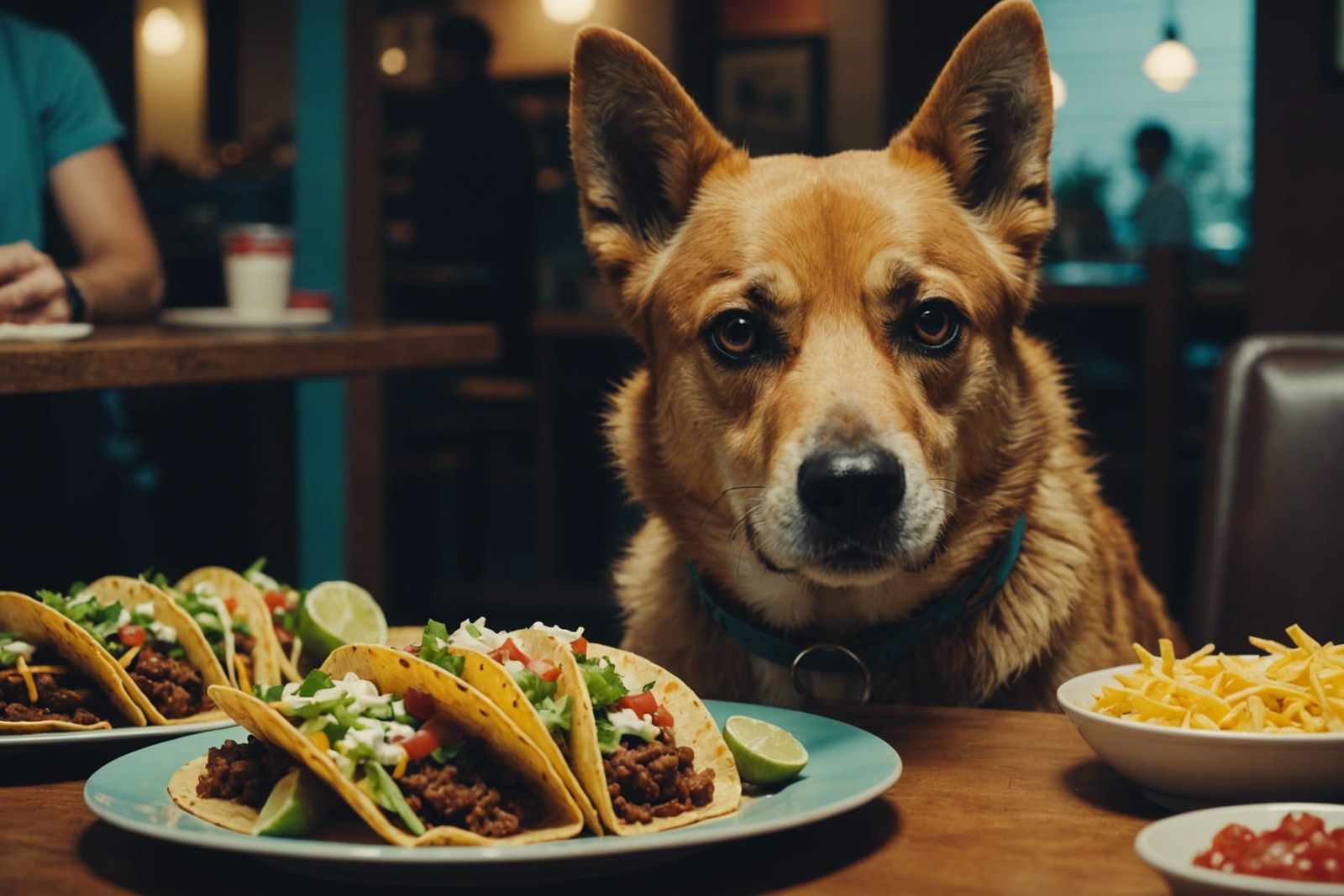 Dramatic Film Still of Guilty Dog Stealing Tacos